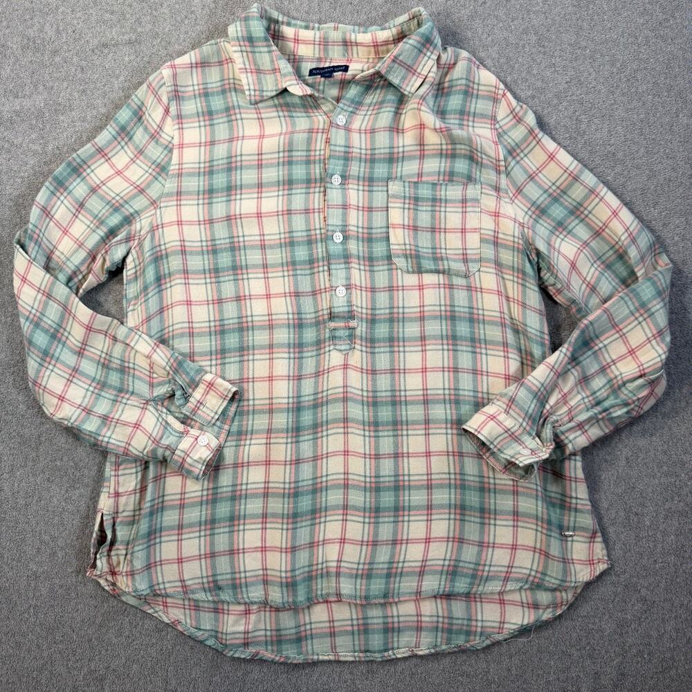 Southern Shirt Co Women's Medium Plaid Popover Button Up Long Sleeve Top Tunic